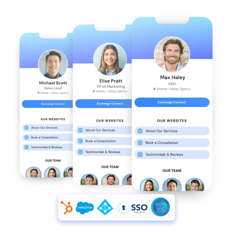A preview of digital business card profiles for a company team.