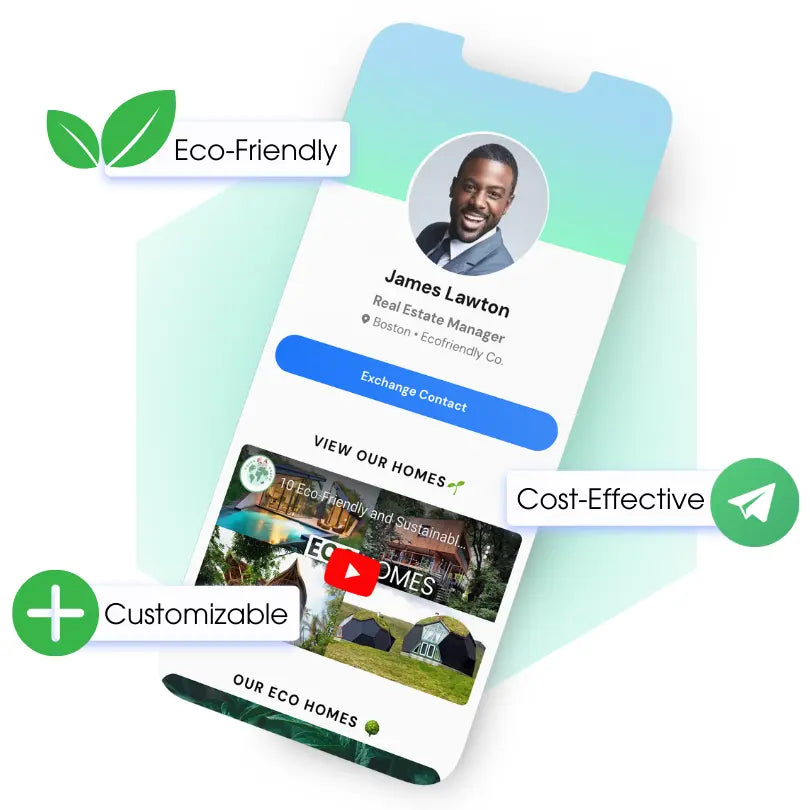 A digital business card with ecofriendly, customizable, and cost effective text overlay.