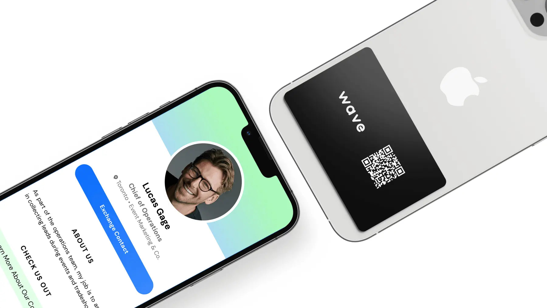 A wave digital business card profile and a wave nfc business card on an iphone.